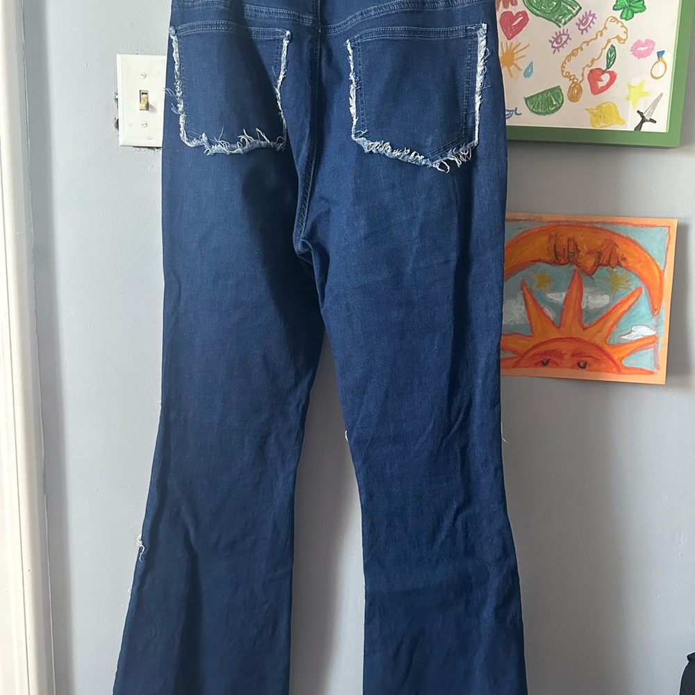 Woman’s Large Distressed Patchwork Blue Jeans - image 2